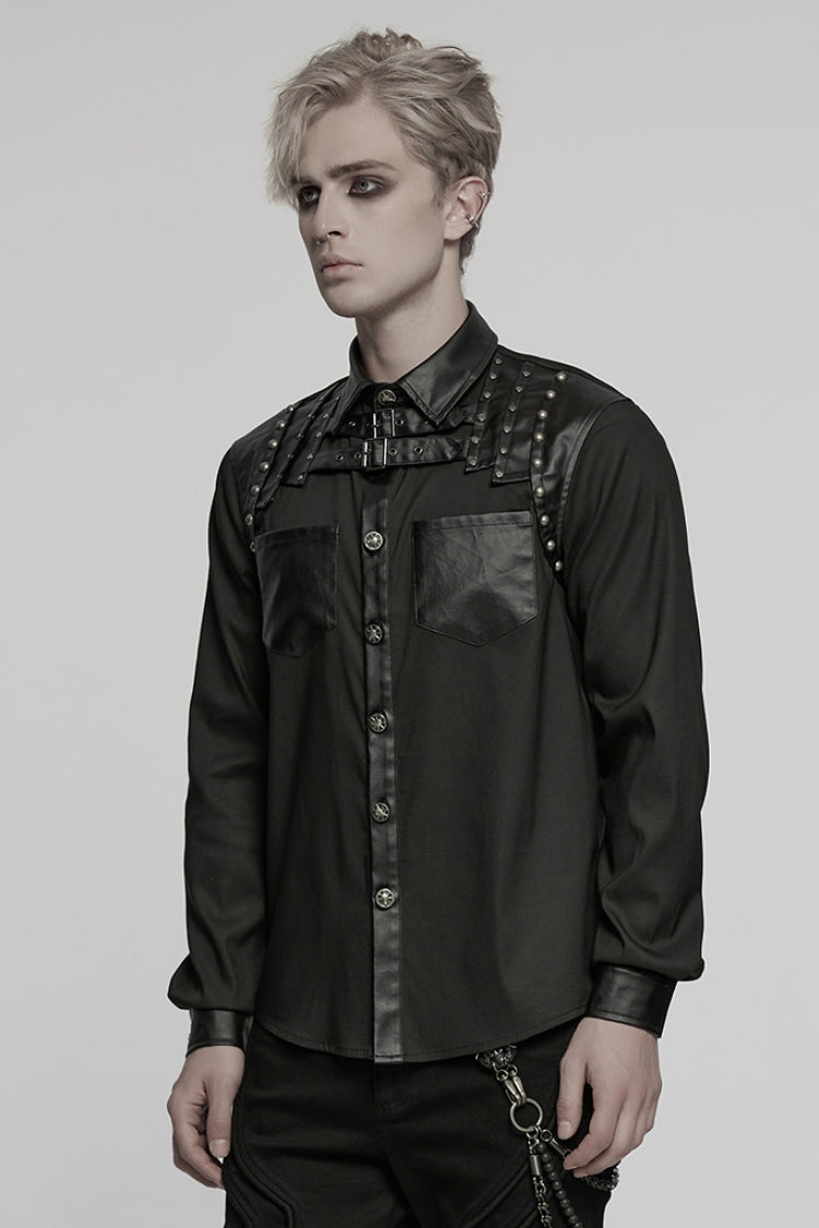 Black Lapel Collar Long Sleeves Faux Leather Stitching Buckle Men's Punk Blouse