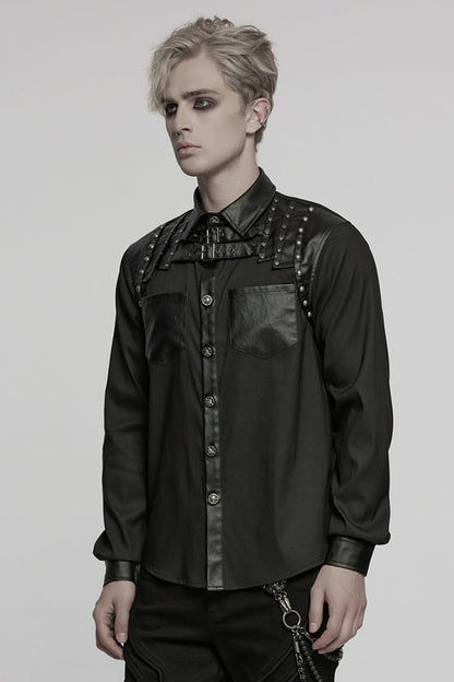 Black Lapel Collar Long Sleeves Faux Leather Stitching Buckle Men's Punk Blouse