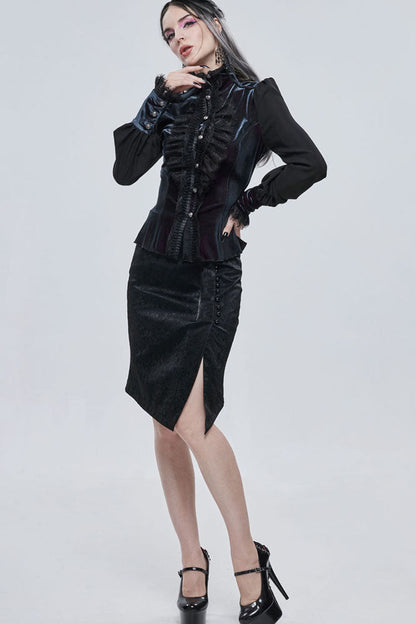 Black Gothic Pattern Leather Button Decoration Slim-Fitting Hip Women's Skirt