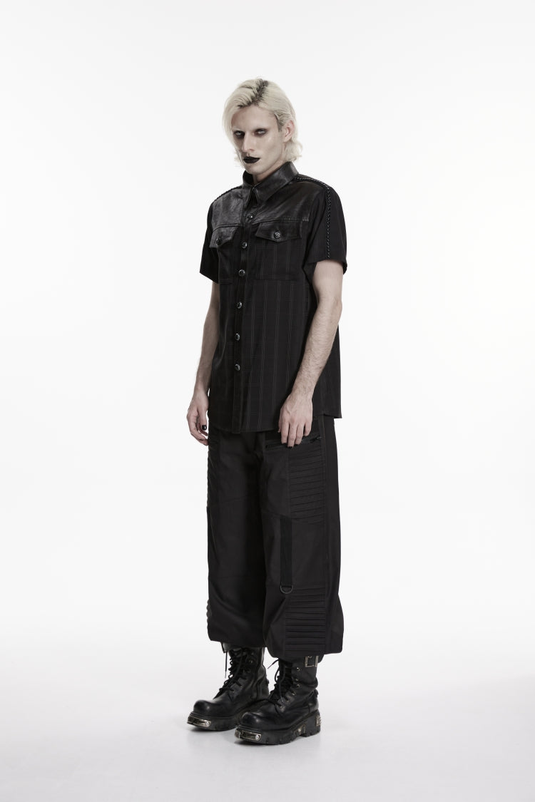 Black Lapel Collar Short Sleeves Spliced Men's Punk Shirt