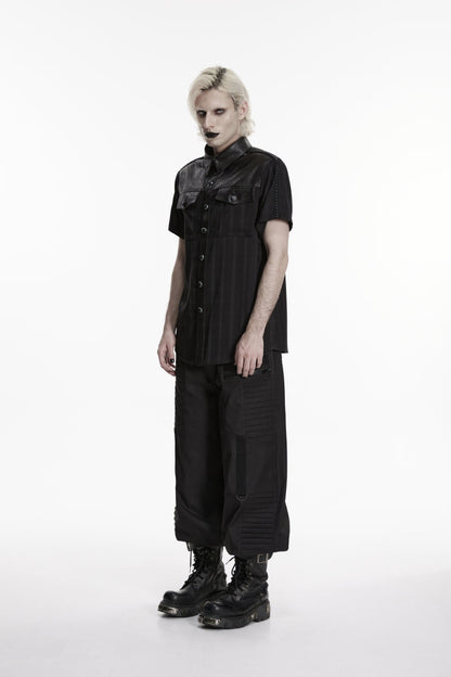 Black Lapel Collar Short Sleeves Spliced Men's Punk Shirt