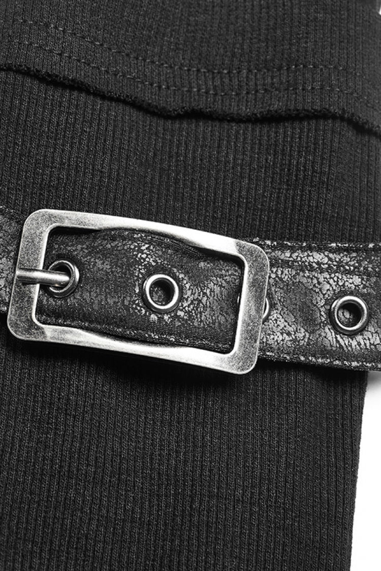 Black High Collar Long Sleeves Zipper Leather Buckle Women's Steampunk T-Shirt
