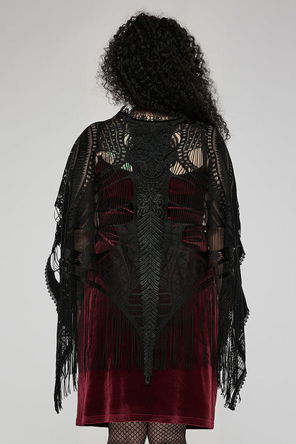 Black Openwork Lace Embroidery Pattern Decoration Hem Fringed Design Elasticated Neckline Women's Gothic Shawl