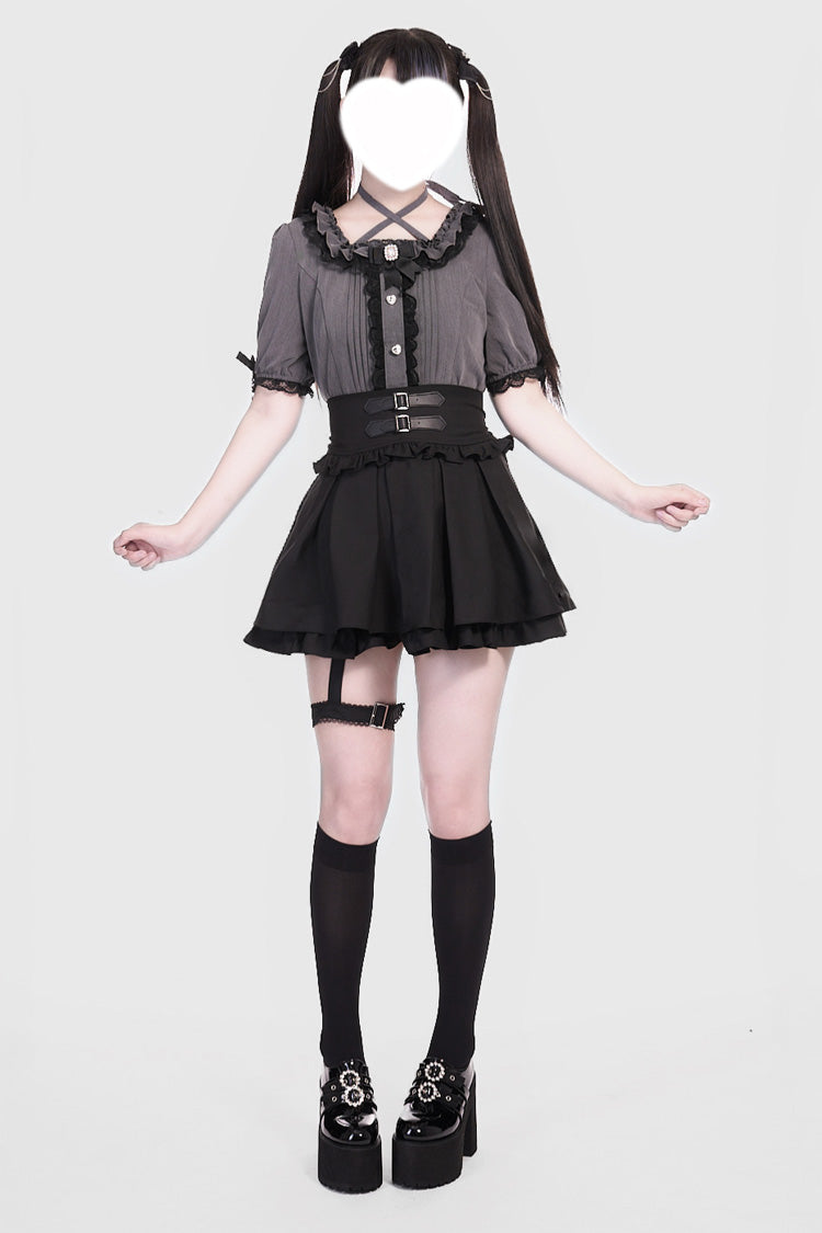 Black Leather Buckle Leg Ring Double-Layered Ruffle Sweet Jirai Kei Japanese Skirt