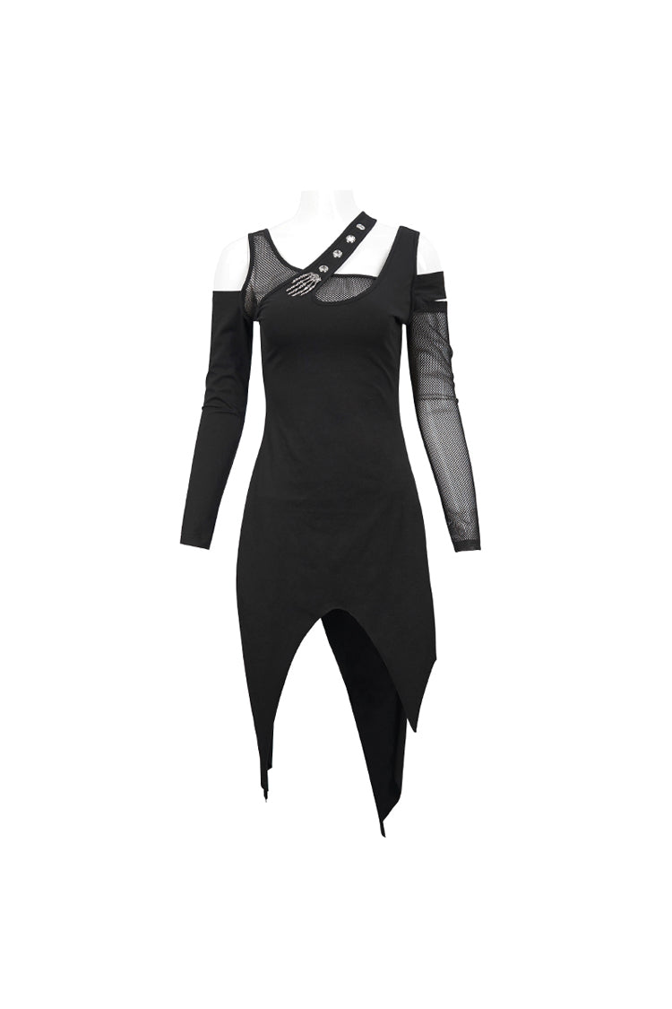 Black Asymmetric Distressed Design Metal Ghost Hand Buttonhole Decoration Women's Punk Dress