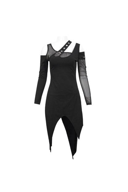 Black Asymmetric Distressed Design Metal Ghost Hand Buttonhole Decoration Women's Punk Dress
