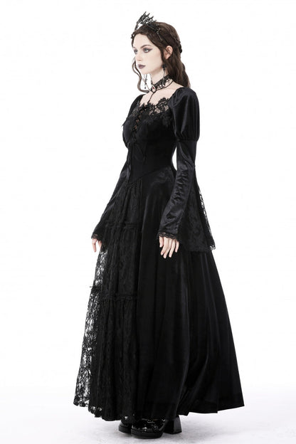 Black Long Puff Sleeves Spliced Lace Lace-Up Women's Gothic Vintage Velvet Wedding Dress