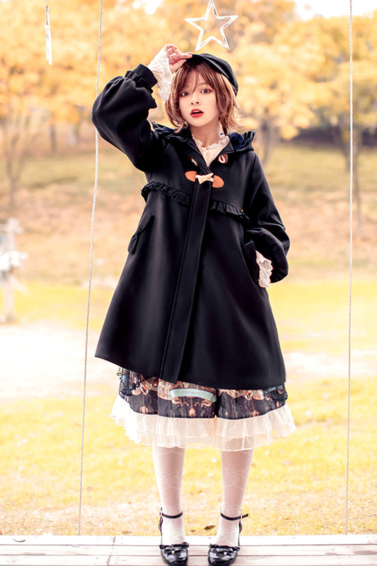 Black Cat Tail Long Sleeves Ruffle Bowknot Hooded Sweet Lolita Coat