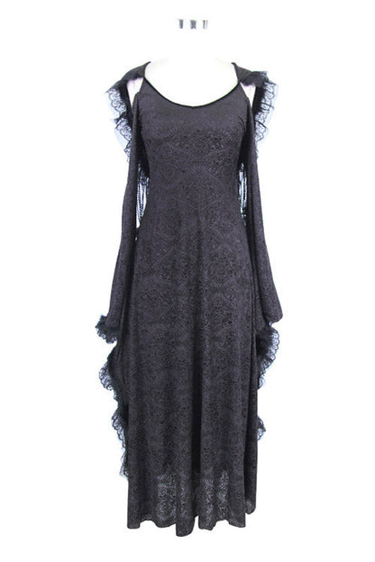 Black Gothic Big Cuffs Stretchy Floral Off The Shoulder Hooded Long Womens Dress
