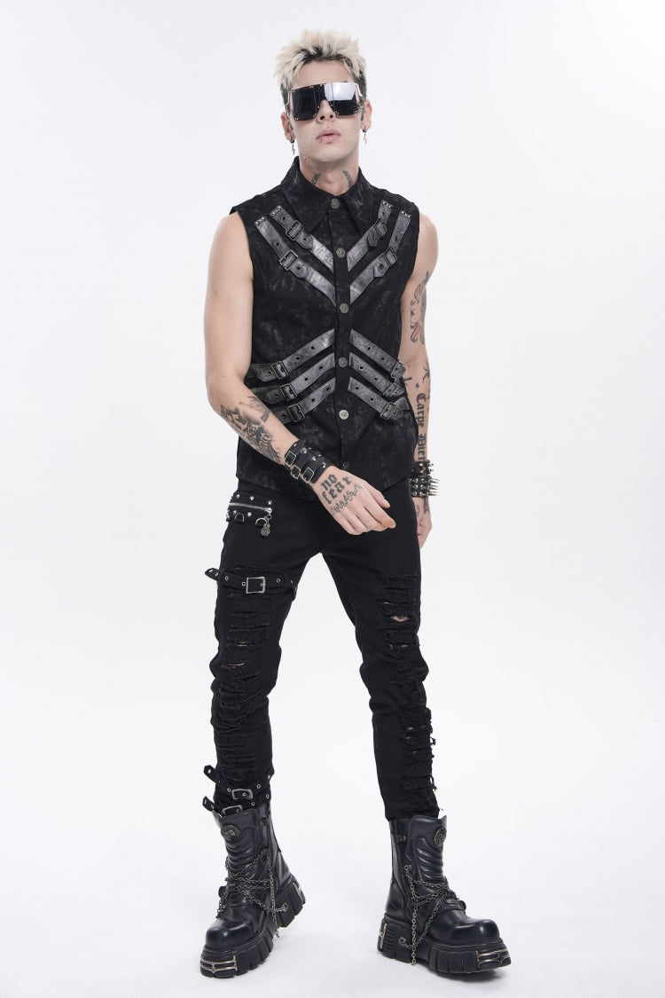 Black Lapel Collar Sleeveless Multi-Layered Printed Tie-dyed Buckled Men's Punk Shirt