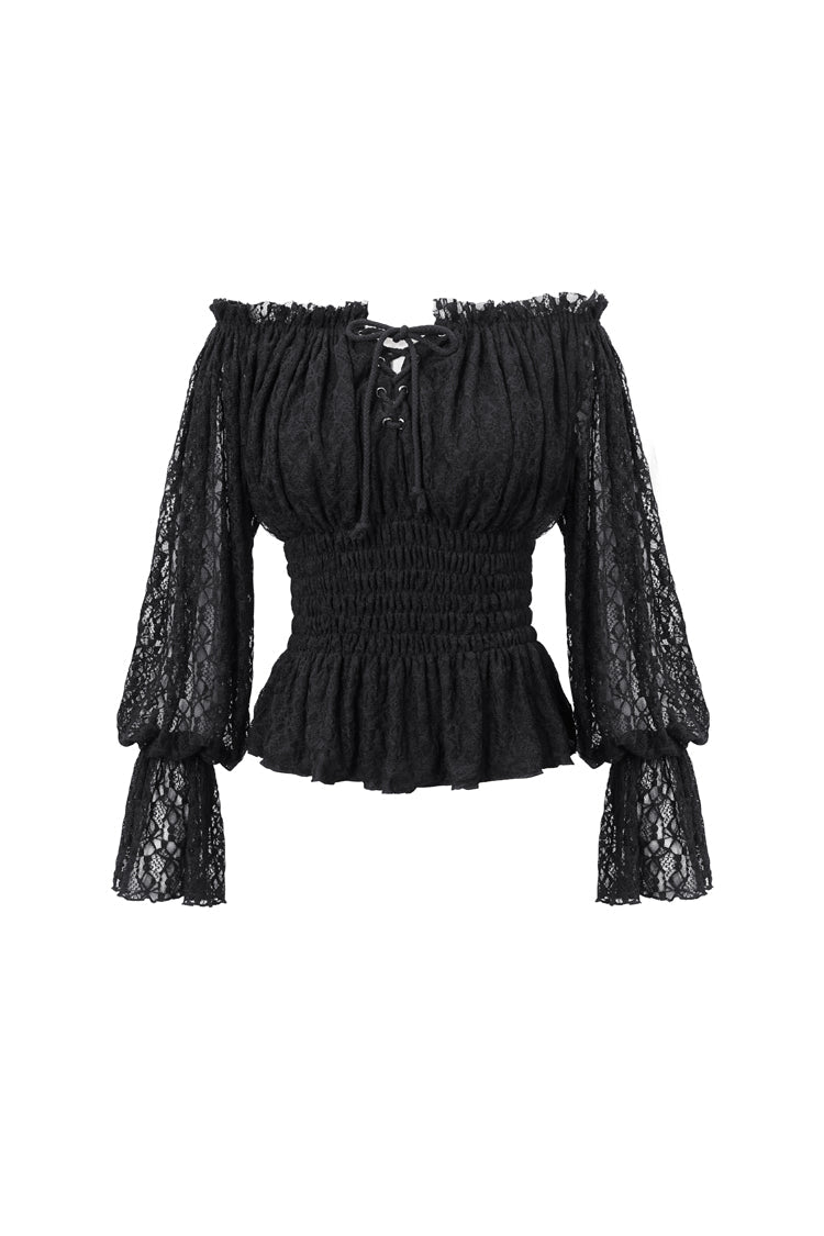 Black Off Shoulder Long Sleeves Ruffle Lace Women's Gothic Blouse