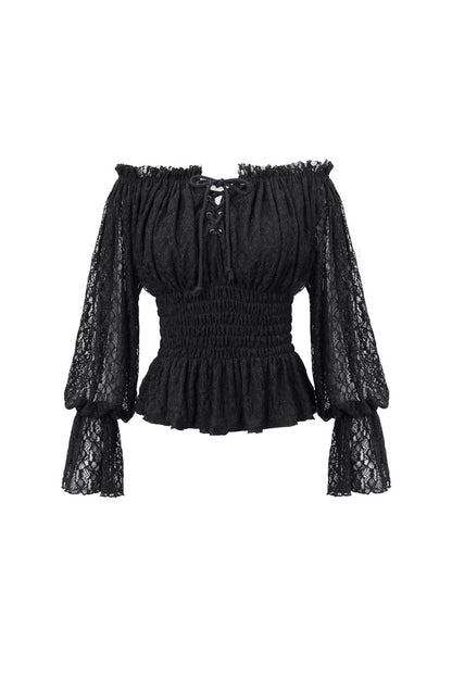 Black Off Shoulder Long Sleeves Ruffle Lace Women's Gothic Blouse
