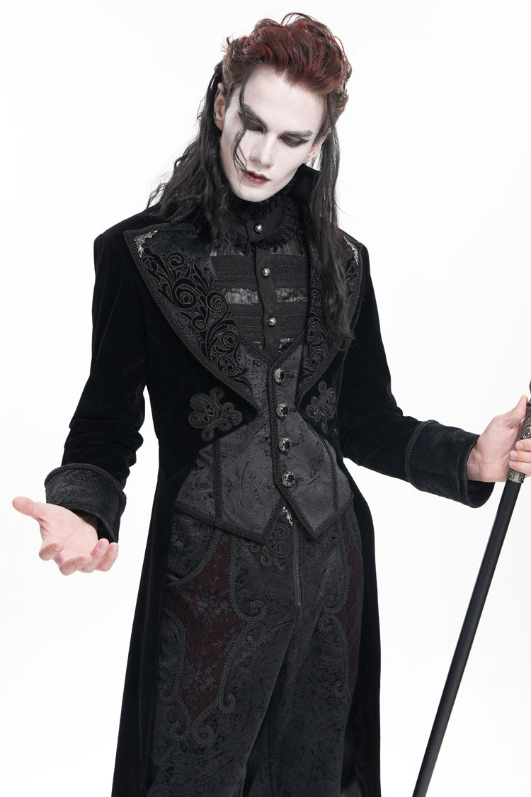 Black Long Sleeves Button Floral Embroidery Men's Gothic Jacket