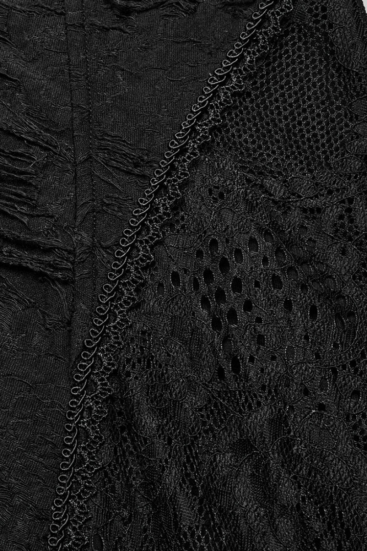 Black Long Trumpet Sleeves Metal Zipper Lace Hooded Womens Gothic Dress