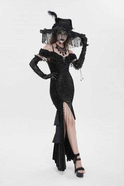 Black Off Shoulder Sleeveless Embroidered Lace Slim Women's Gothic Gorgeous Strapless Dress