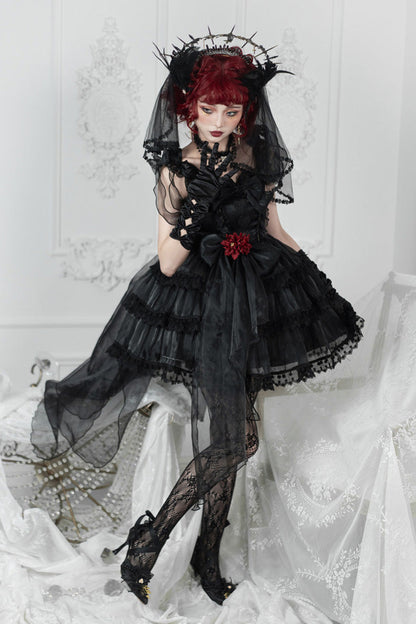 Black Multi-Layered Ruffled Hanayome Bow Pearl-Decorated Gothic Lolita Jsk Dress Full Set 2 Versions