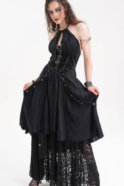 Black Halterneck Hollow Lace Women's Gothic Strap Maxi Dress