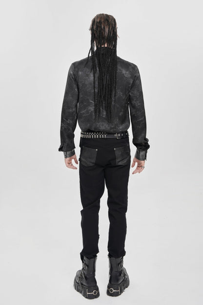 Black Long Sleeves Print Stitching Asymmetric Bullet Men's Punk Blouse