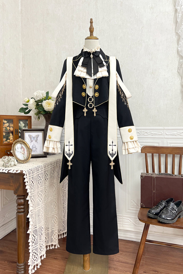 Black Long Sleeves Print Gothic Prince Handsome Ouji Lolita Swallowtail Coat