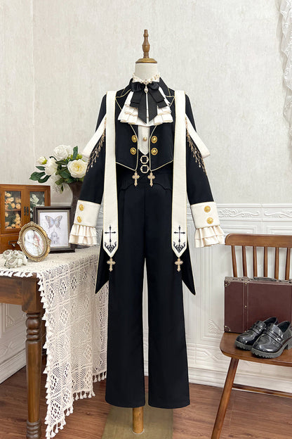 Black Long Sleeves Print Gothic Prince Handsome Ouji Lolita Swallowtail Coat