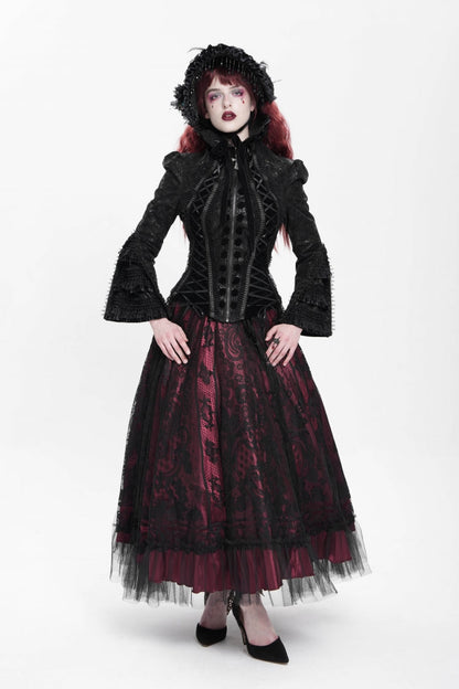 Black Lapel Collar Long Trumpet Sleeves Ruffle Lace-Up Zipper Women's Gothic Jacket