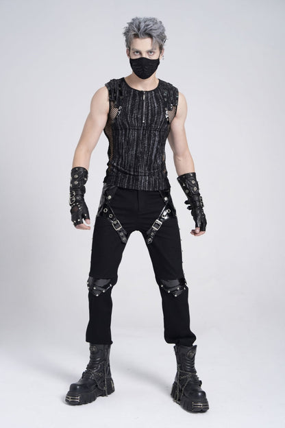 Black Armor Patent Leather Stitching Men's Punk Pants