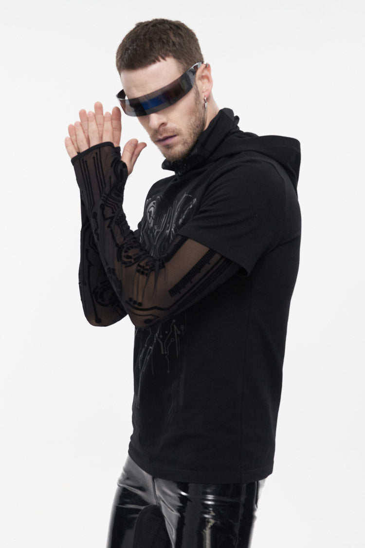 Black Paneled Mesh Long Sleeve Super High Collar Masked Circuit Diagram Printed Hooded Knitted Men's Punk T-Shirt