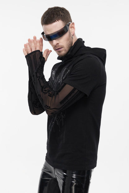 Black Paneled Mesh Long Sleeve Super High Collar Masked Circuit Diagram Printed Hooded Knitted Men's Punk T-Shirt