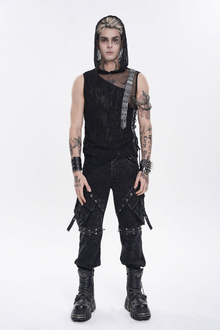 Black Hooded Sheer Asymmetric Chain-Decorated Men's Punk Hooded Vest