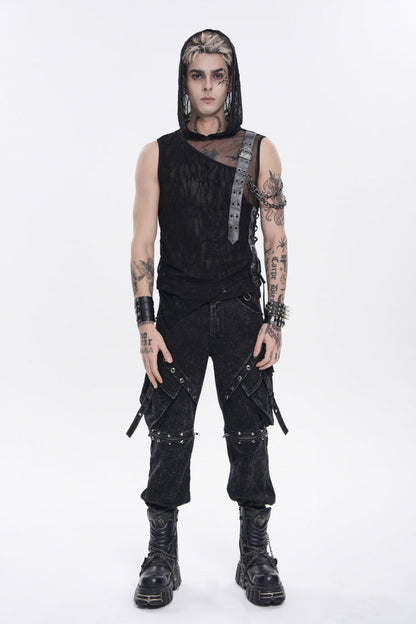 Black Hooded Sheer Asymmetric Chain-Decorated Men's Punk Hooded Vest