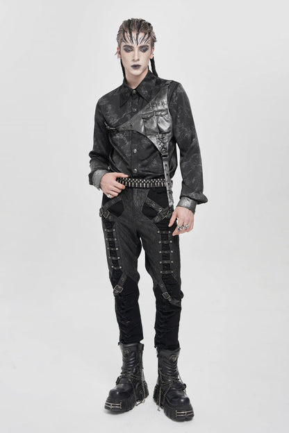 Black Long Sleeves Print Stitching Asymmetric Bullet Men's Punk Blouse