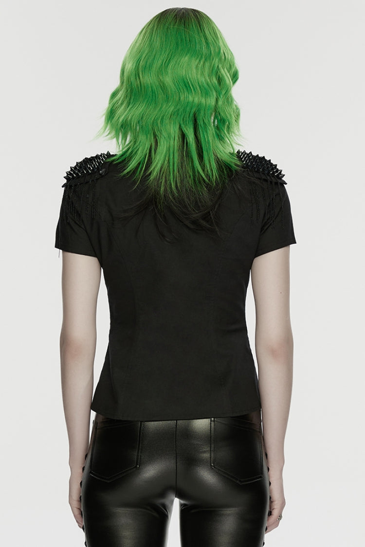 Black Lapel Collar Short Sleeves Mesh Studded Tassels  Women's Punk Blouse
