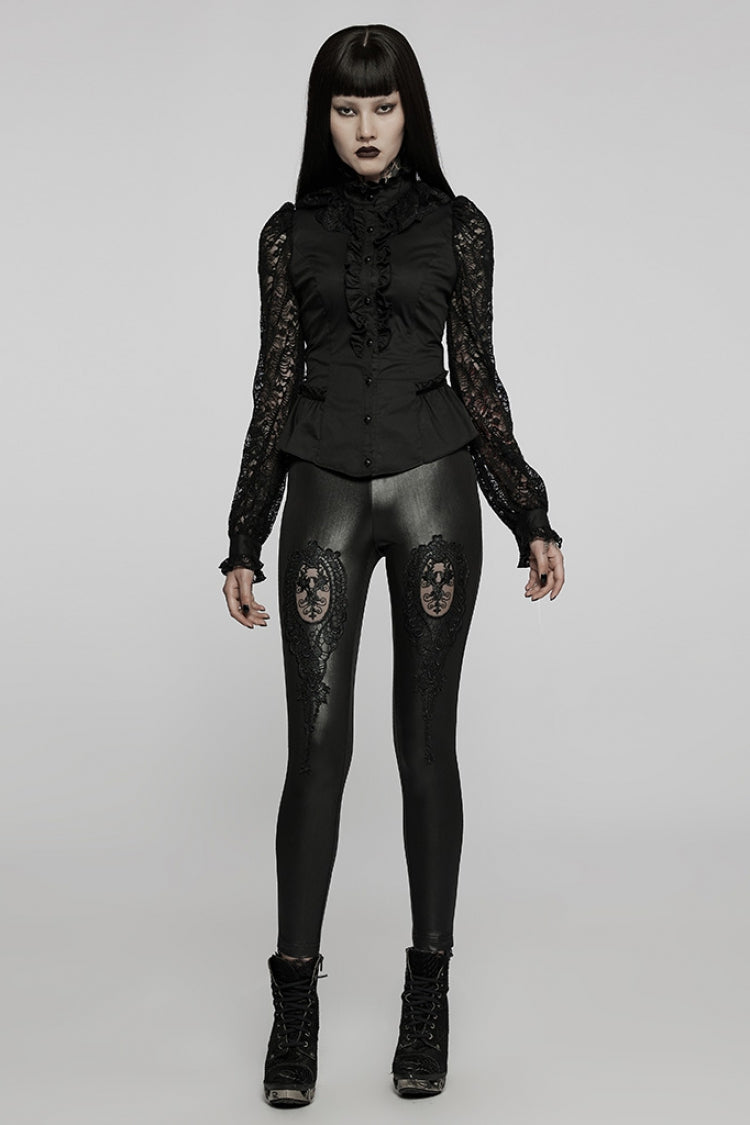 Black Floral Hollow Slim Faux Leather Women's Gothic Leggings