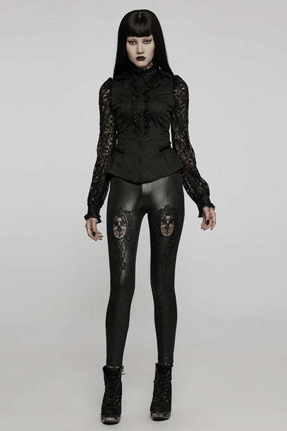 Black Floral Hollow Slim Faux Leather Women's Gothic Leggings