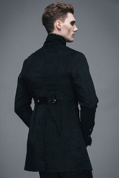 Black Fake Two Pieces Embroidered Turn Down Collar Long Sleeves Velvet Mens Gothic Coat