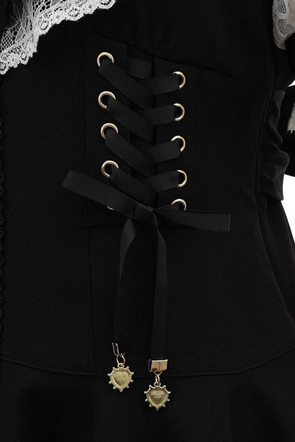 Black Japanese Diamond Buckle Heart Bow Lace Sweet Jirai Kei Dress Fake Two-piece Set