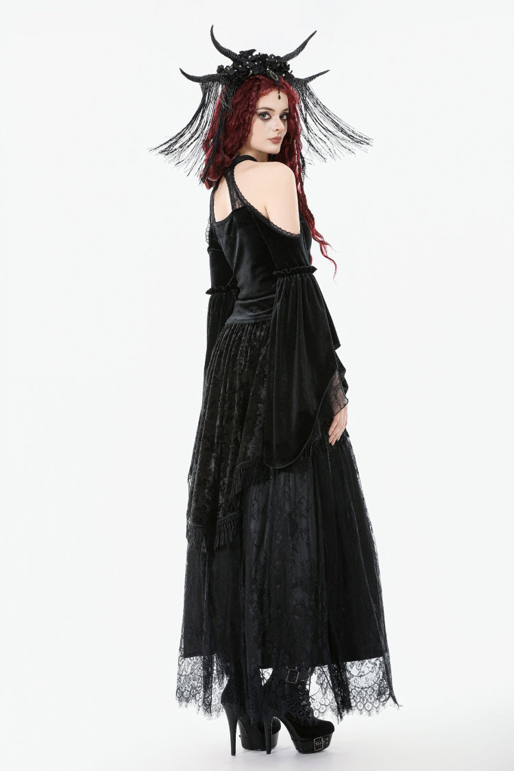 Black Off Shoulder Halterneck Long Trumpet Sleeves Cut-Out Lace Spliced Velvet Gothic Palace Top