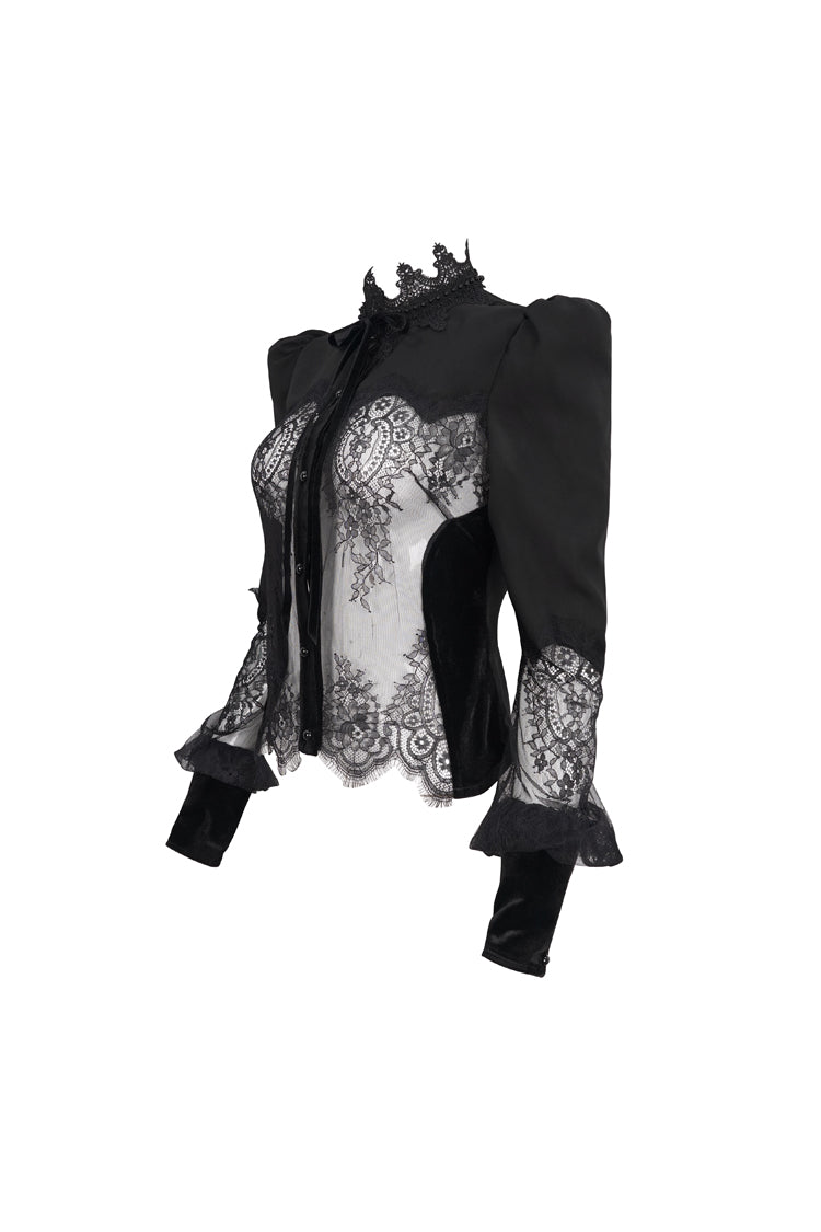 Black High Collar Translucent Lace Patchwork Bow Decoration Long Sleeve Women's Gothic Shirt
