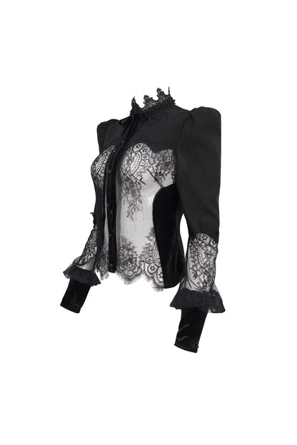Black High Collar Translucent Lace Patchwork Bow Decoration Long Sleeve Women's Gothic Shirt