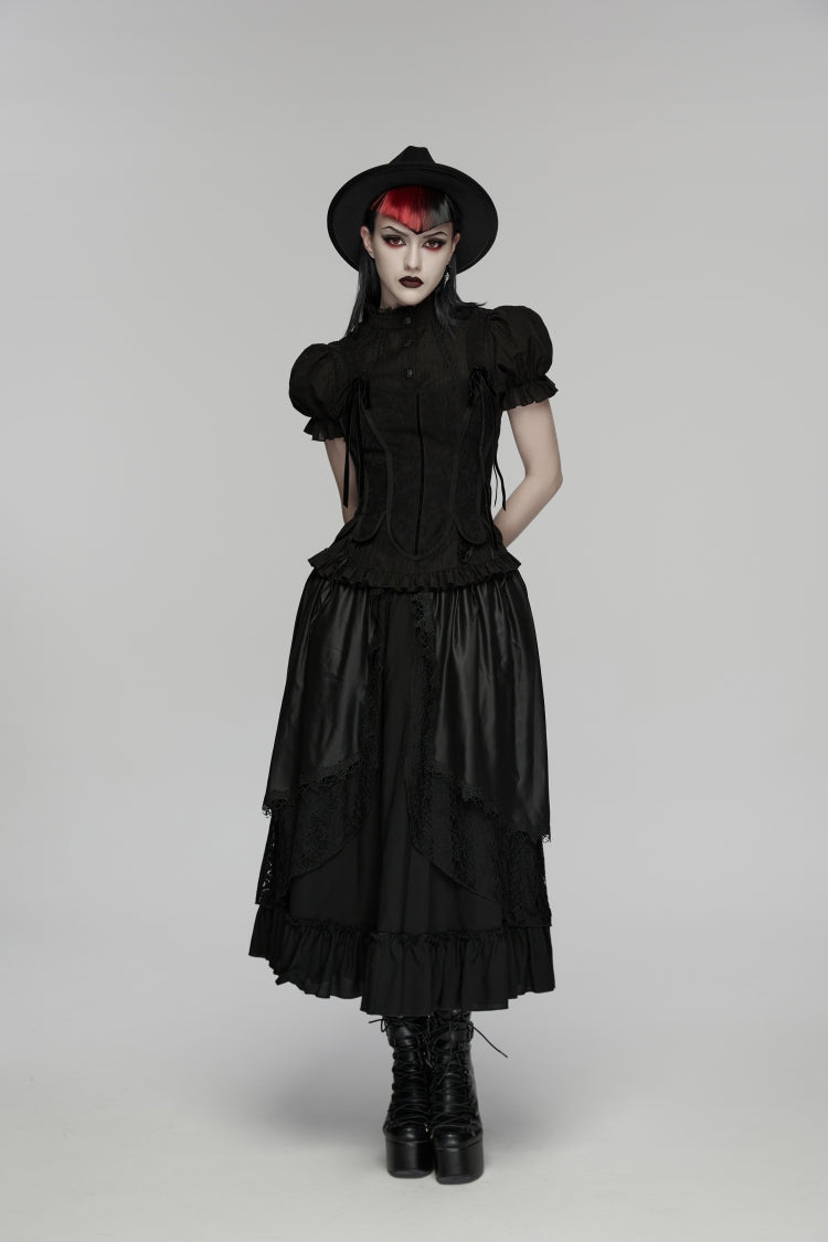 Black High Waisted Multi-Layered Floral Embroidered Lace Pleated Women's Gothic Elegant Cosplay Skirt