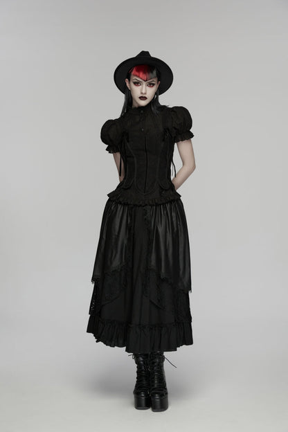Black High Waisted Multi-Layered Floral Embroidered Lace Pleated Women's Gothic Elegant Cosplay Skirt