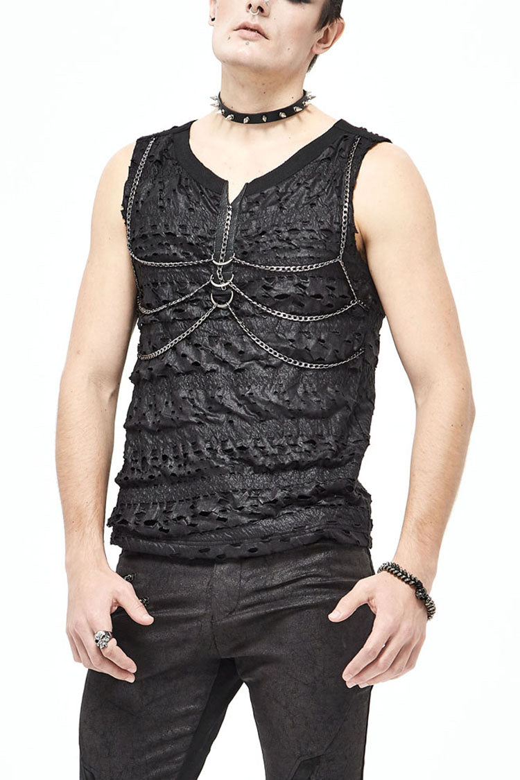 Black Broken Holes Thick Stripes Chest Chain Knit Men's Punk Vest