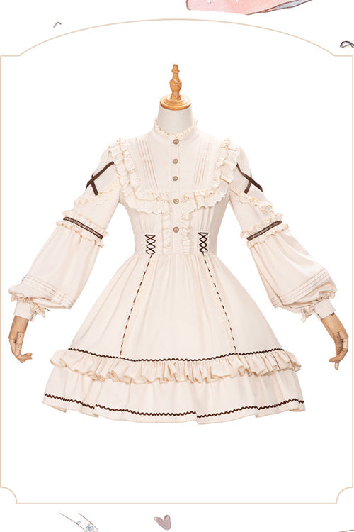 Beige Lantern Sleeves Multi-Layer Ruffled Removable Sweet Lolita OP Tiered Dress