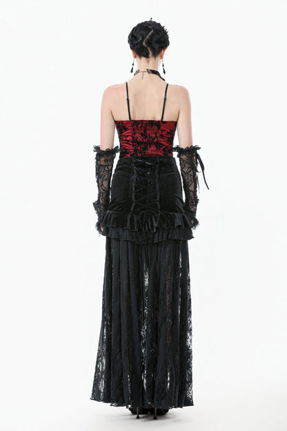 Black Multi-Layered Ruffled Velvet Spliced Lace Lace-Up Women's Gothic Long Skirt