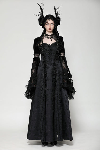 Black Long Puff Flared Sleeves Ruffled Lace Spliced Velvet Women's Gothic Cape