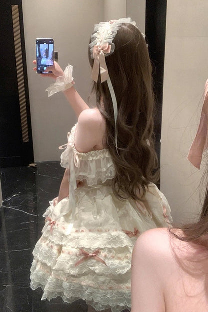 Apricot [Flora Isle Butterfly] Sleeveless Ruffle Bowknot Lace Lace-Up Sweet Elegant Lolita Jsk Dress