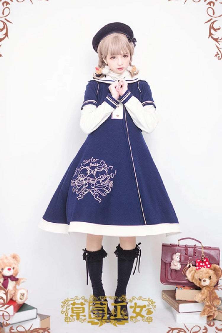 Bear Print Embroidery Long Sleeves Bowknot Sweet Lolita Woolen Coat 2 Colors
