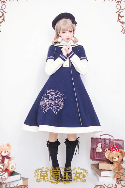Bear Print Embroidery Long Sleeves Bowknot Sweet Lolita Woolen Coat 2 Colors