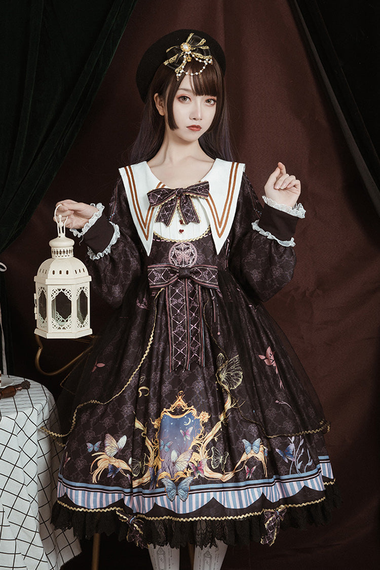 Black Navy Collar Long Sleeves Butterfly Print Ruffle Bowknot Gothic Elegant Princess Lolita Dress
