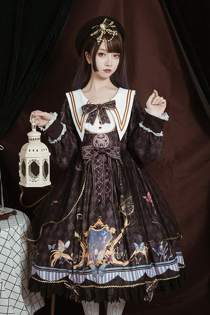 Black Navy Collar Long Sleeves Butterfly Print Ruffle Bowknot Gothic Elegant Princess Lolita Dress